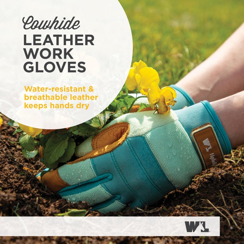 Wells Lamont Women's HydraHyde Leather Hybrid Gloves â€“ Water-Resistant, Durable Cowhide Palm, Spandex Stretch Back â€“ Ideal Landscaping/Farming/Gardening Gloves â€“ Adjustable Wristâ€“ Medium, Blue (3250M) - Image 2